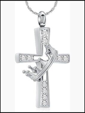 Crown Cross Urn Necklace Memorial Pendant Ashes Holder Cremation Jewelry